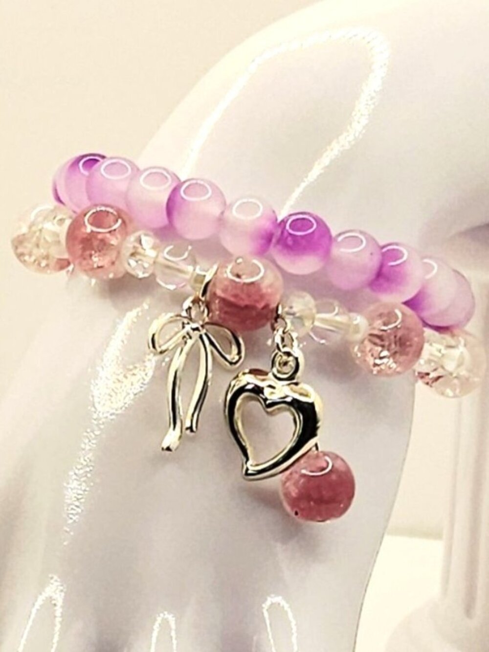Purple Coquette Bracelet Stack, Bow Heart Charm Bracelet, Beaded Jewelry